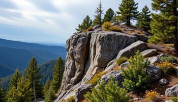 rocky outcrop in a pine forest photo