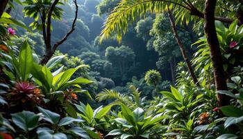 dense tropical forest with layered plants photo