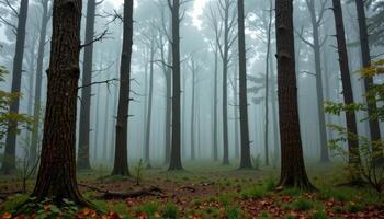 a forest with tree trunks wrapped in fog photo