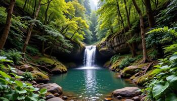 a hidden waterfall deep in the forest photo