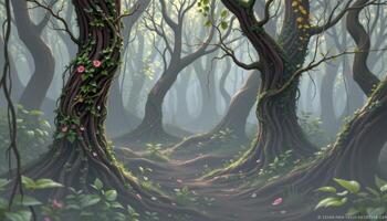 a wild forest overrun with thick vines and ivy photo