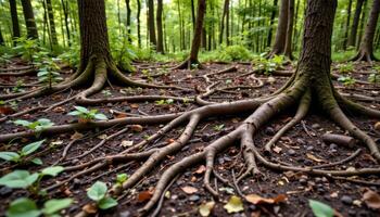 a tangle of roots across the forest floor photo