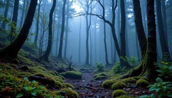 mysterious forest with blue mist and moss photo