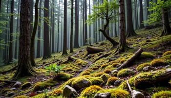a highland forest with patches of moss and lichen photo