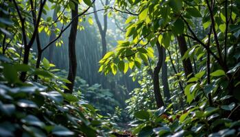rain soaked forest with glistening leaves photo