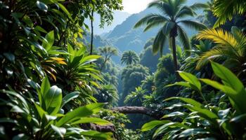 tropical jungle with dense green foliage photo