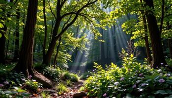 a sun dappled forest with lush greenery photo