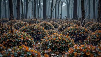 a dense thicket of thorny bushes in a dark forest photo