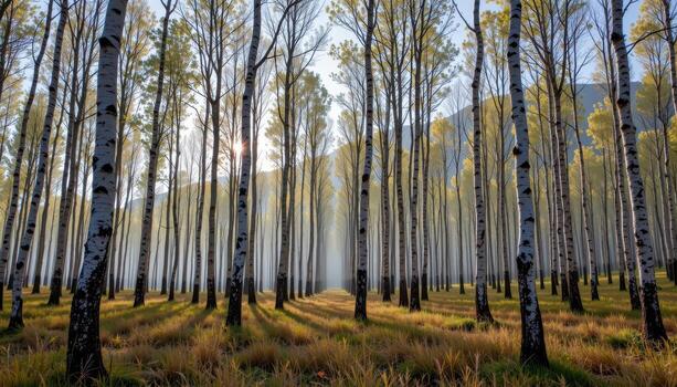 silent forest of tall, thin birch trees photo