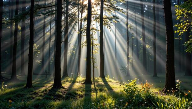 forest with soft rays of sunlight through mist photo