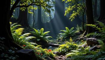 shadowy forest glade surrounded by ferns photo