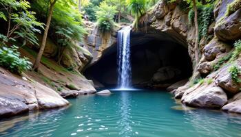 secret forest cave behind a waterfall photo