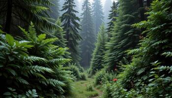 a thick forest of evergreens in the rain photo