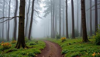 a foggy forest path winding between tall trunks photo