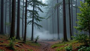 a cedar forest surrounded by mist photo