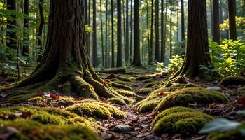 a moss covered forest floor beneath towering trees photo