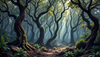 a deep forest with ancient twisted trees photo