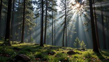 forest with shimmering light beams and haze photo