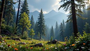 still forest scene with light rain falling photo