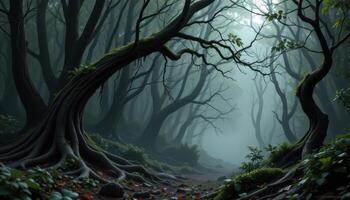 a dark forest with gnarled roots and thick fog photo