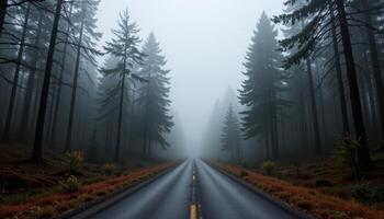 a fog covered forest road disappearing into trees photo