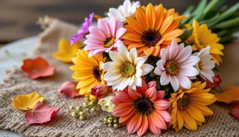 a bouquet of autumn flowers on a burlap cloth photo