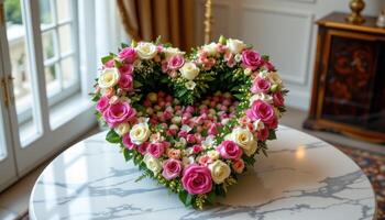 a heart shaped bouquet on a marble table photo