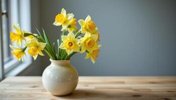 a bouquet of daffodils in a pale ceramic vase photo
