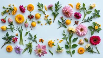 a deconstructed bouquet laid out flat photo