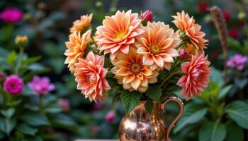 a bouquet of dahlias in a copper jug photo