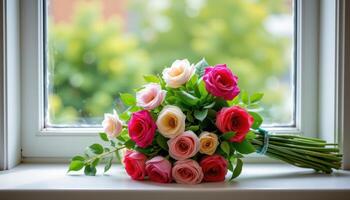a bouquet resting on a windowsill photo