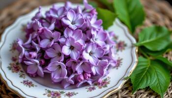 a bouquet of lilacs on a vintage plate photo