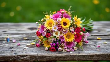 a wildflower bouquet lying on an old wooden table photo