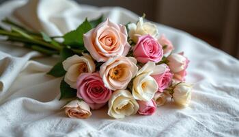 a pastel bouquet resting on a linen cloth photo