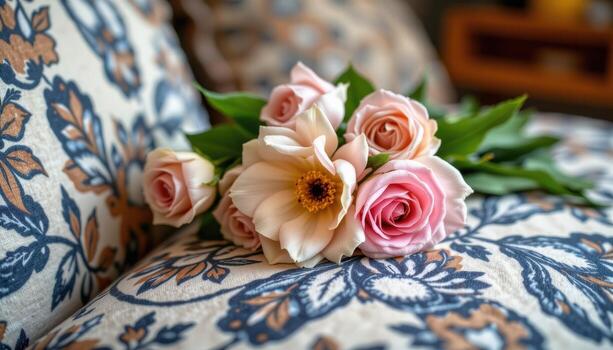 a bouquet resting on a patterned cushion photo