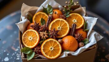 a bouquet in a box with dried oranges and spices photo