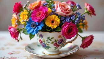 a colorful bouquet in a porcelain teacup photo