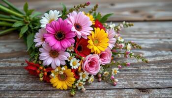 a bouquet of wildflowers lying on a wooden table photo