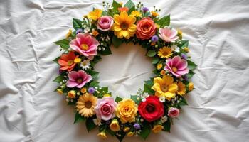 a wreath style bouquet laid flat on linen photo