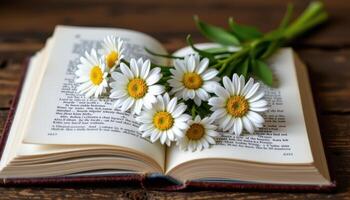 a bouquet of daisies on an open book photo