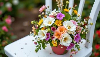a bouquet of mixed spring flowers on a white chair photo