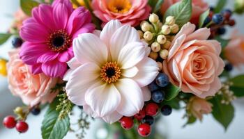 a bouquet of seasonal blooms with berries photo