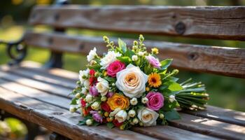 a bouquet on a wooden bench in soft light photo
