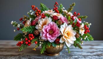 a seasonal bouquet styled with pinecones and berries photo