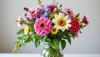 a bouquet of assorted spring flowers in a clear vase photo