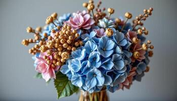 a bouquet of dried hydrangeas and seed pods photo