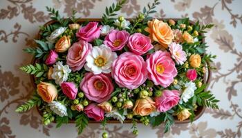 a bouquet styled in a floral arrangement tray photo