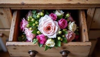 a bouquet resting inside a wooden drawer photo