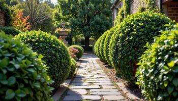 bushes lining a stone pathway photo