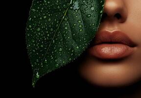 Close-up of lips hidden behind lush green leaves captures mystery, sensuality and natural beauty with strong visual contrast and texture. photo
